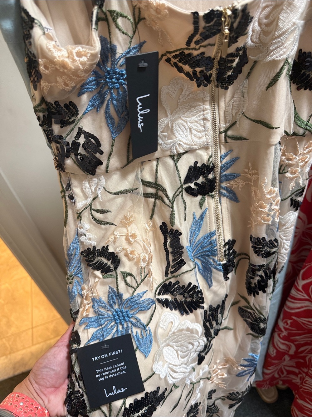 NWT Lulu's Beige Midi Dress with Black & Blue Floral Embroidery - Picture 9 of 9